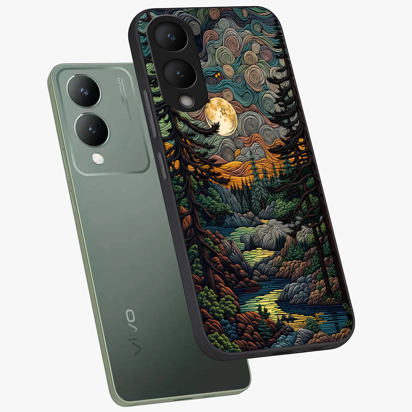 Moonlight Forest Dream Glass Case displayed in angled mockup highlighting dreamy forest design with glowing moon aesthetic.