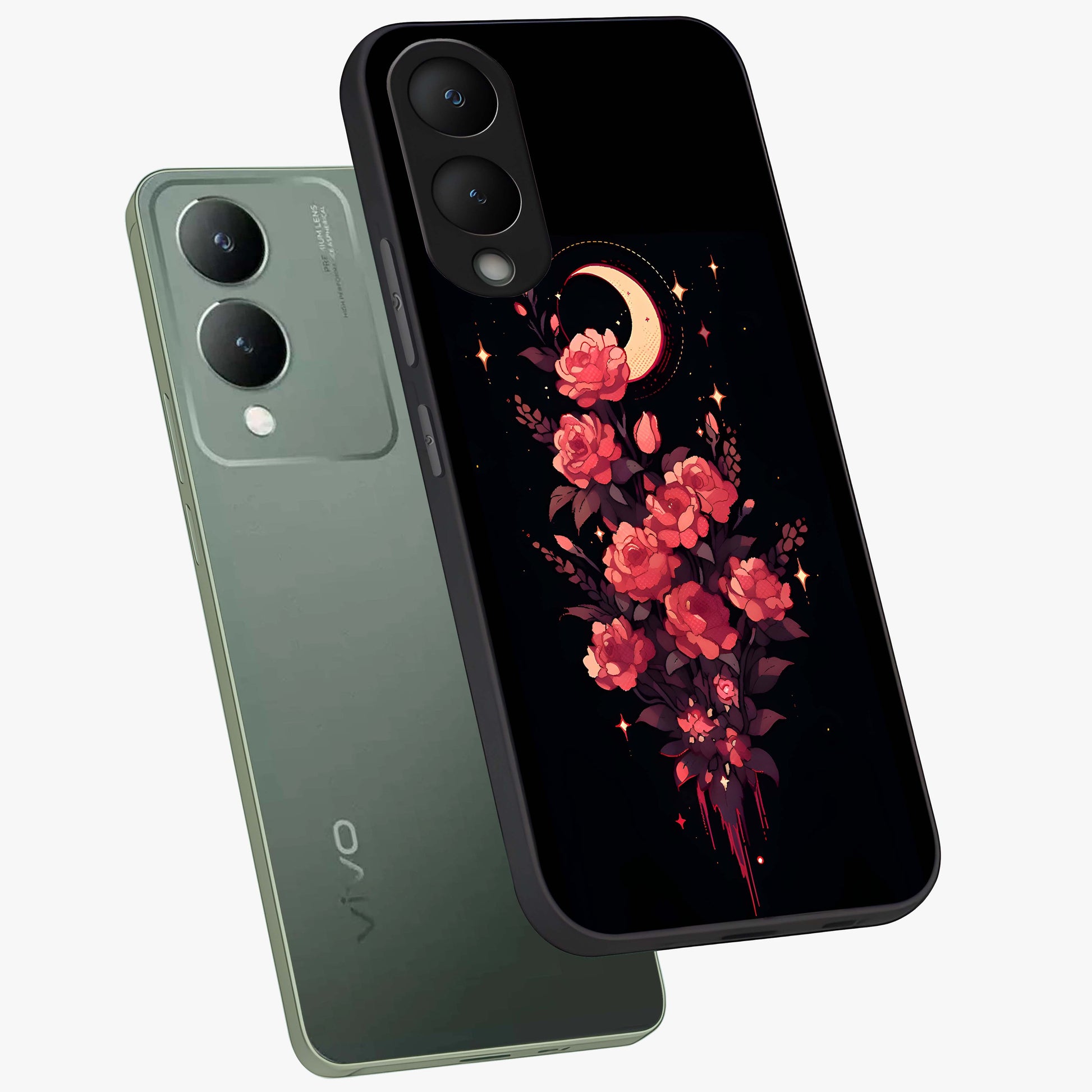 Moonlit Floral Elegance Glass Case displayed in angled mockup highlighting graceful flower design with soft moonlight aesthetic.