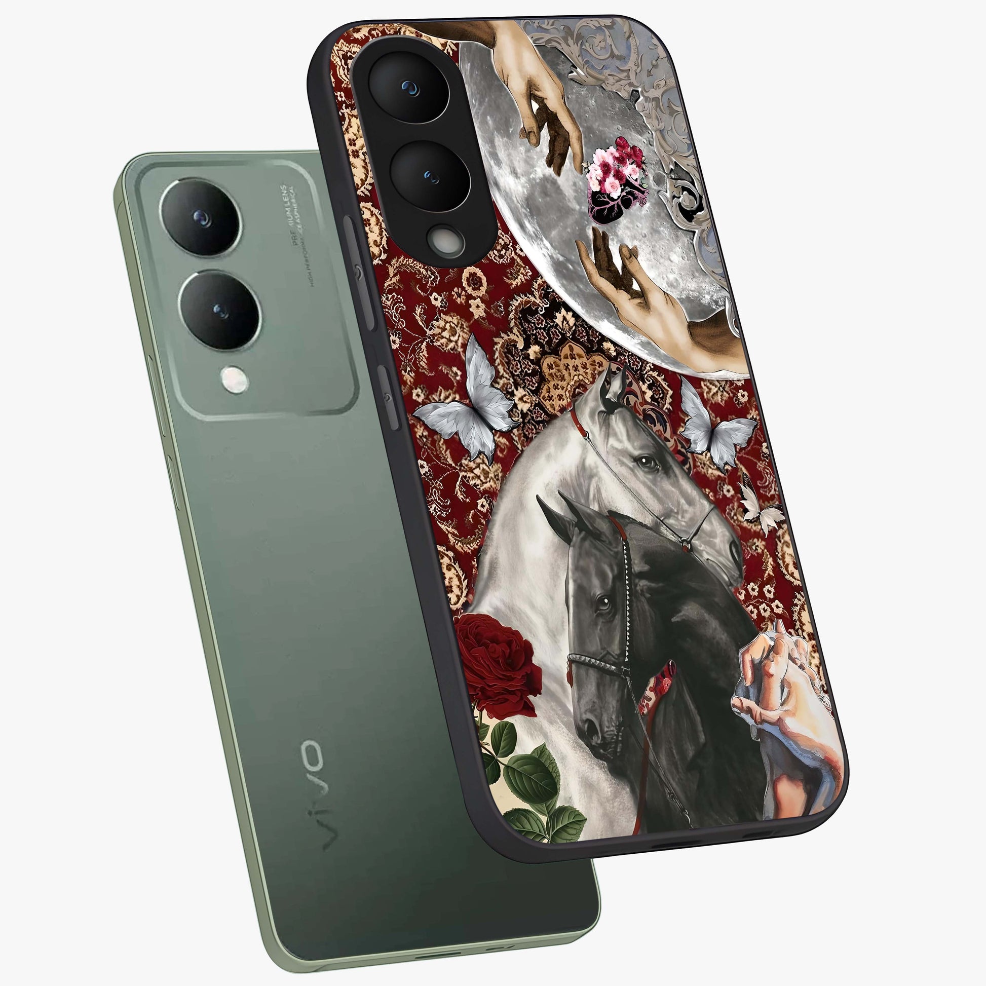 Moonlit Royal Stallion Glass Case displayed in angled mockup highlighting powerful stallion illustration with royal night aesthetic.