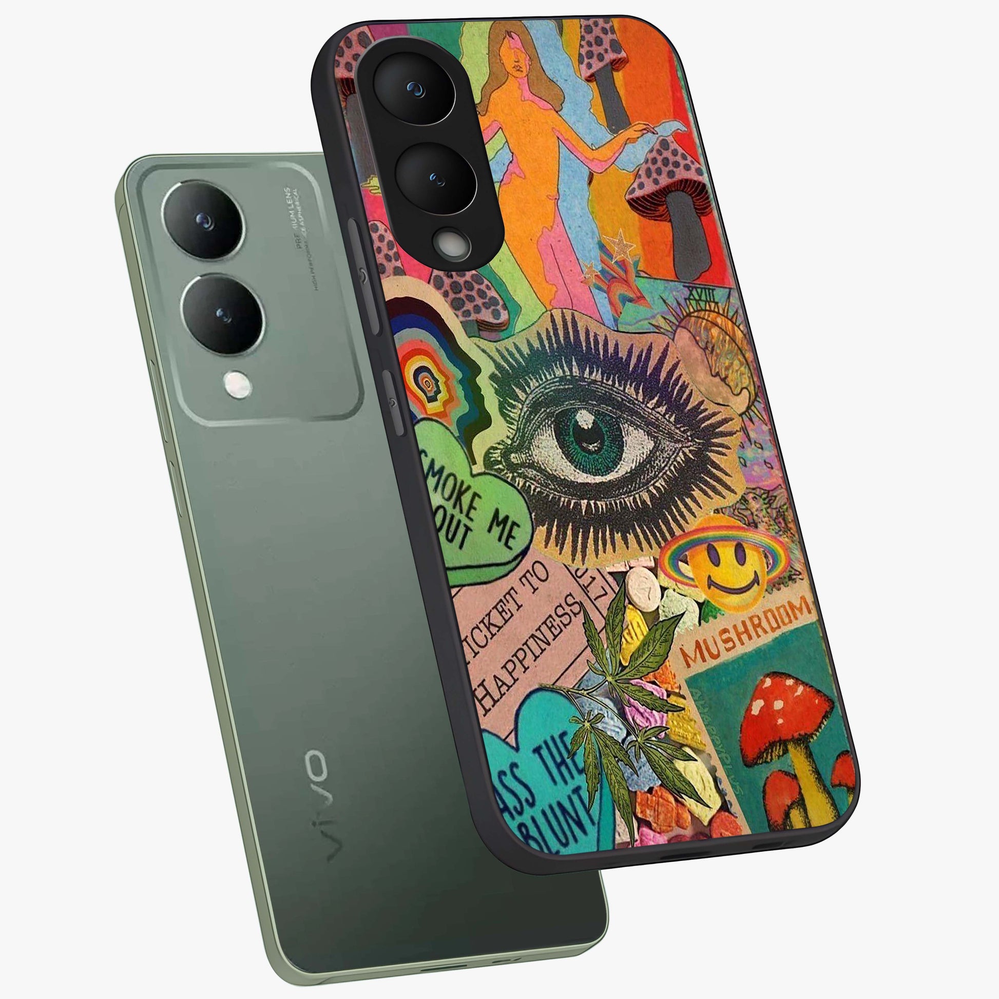 Mystic Eye Wonderland Glass Case displayed in angled mockup highlighting magical eye illustration with dreamy aesthetic.