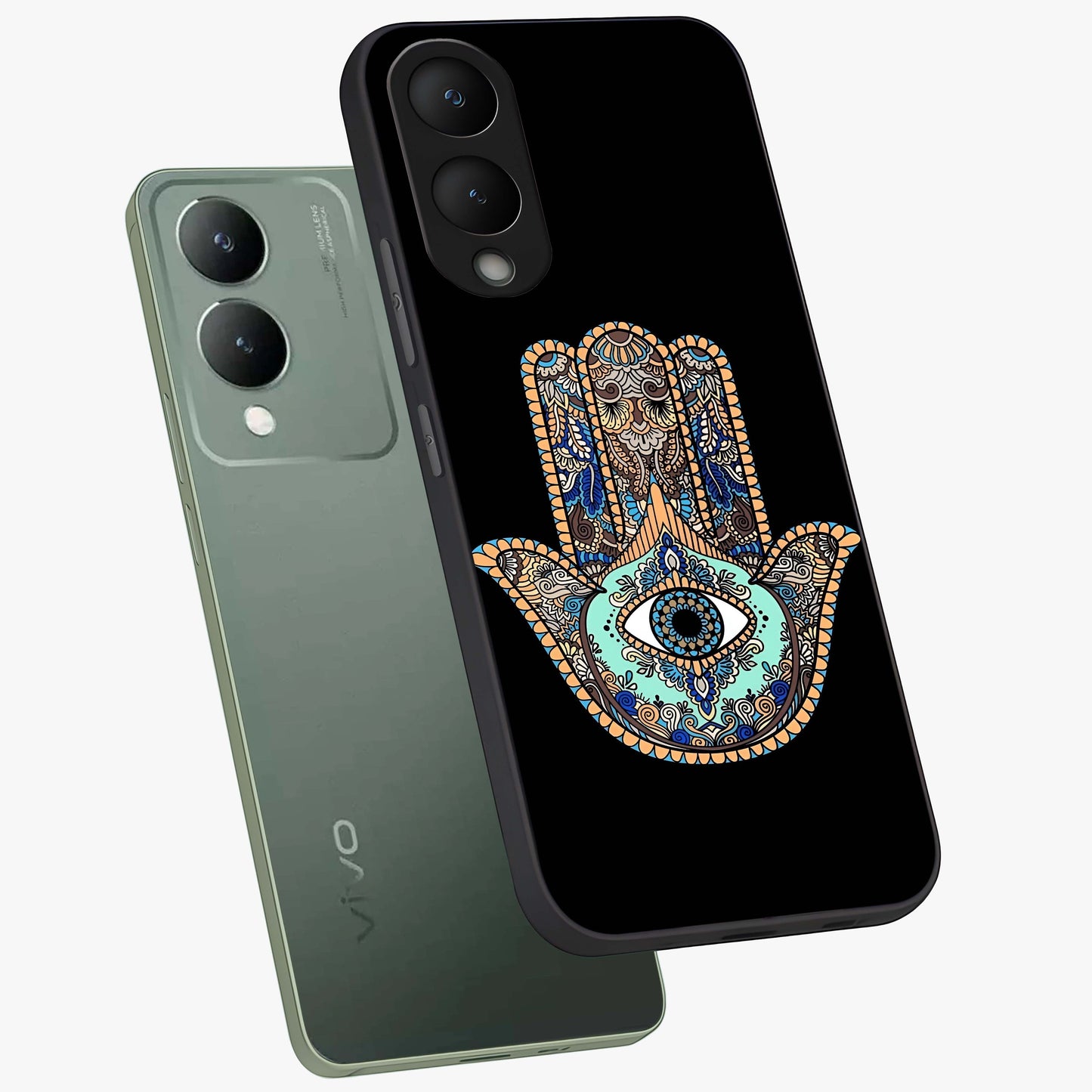 Mystic Hamsa Eye Glass Case displayed in angled mockup highlighting spiritual hamsa symbol with mystical aesthetic style.