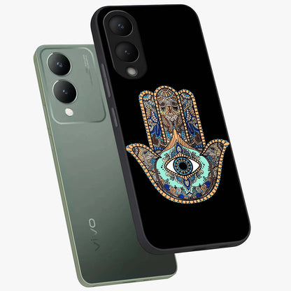 Mystic Hamsa Eye Glass Case displayed in angled mockup highlighting spiritual hamsa symbol with mystical aesthetic style.
