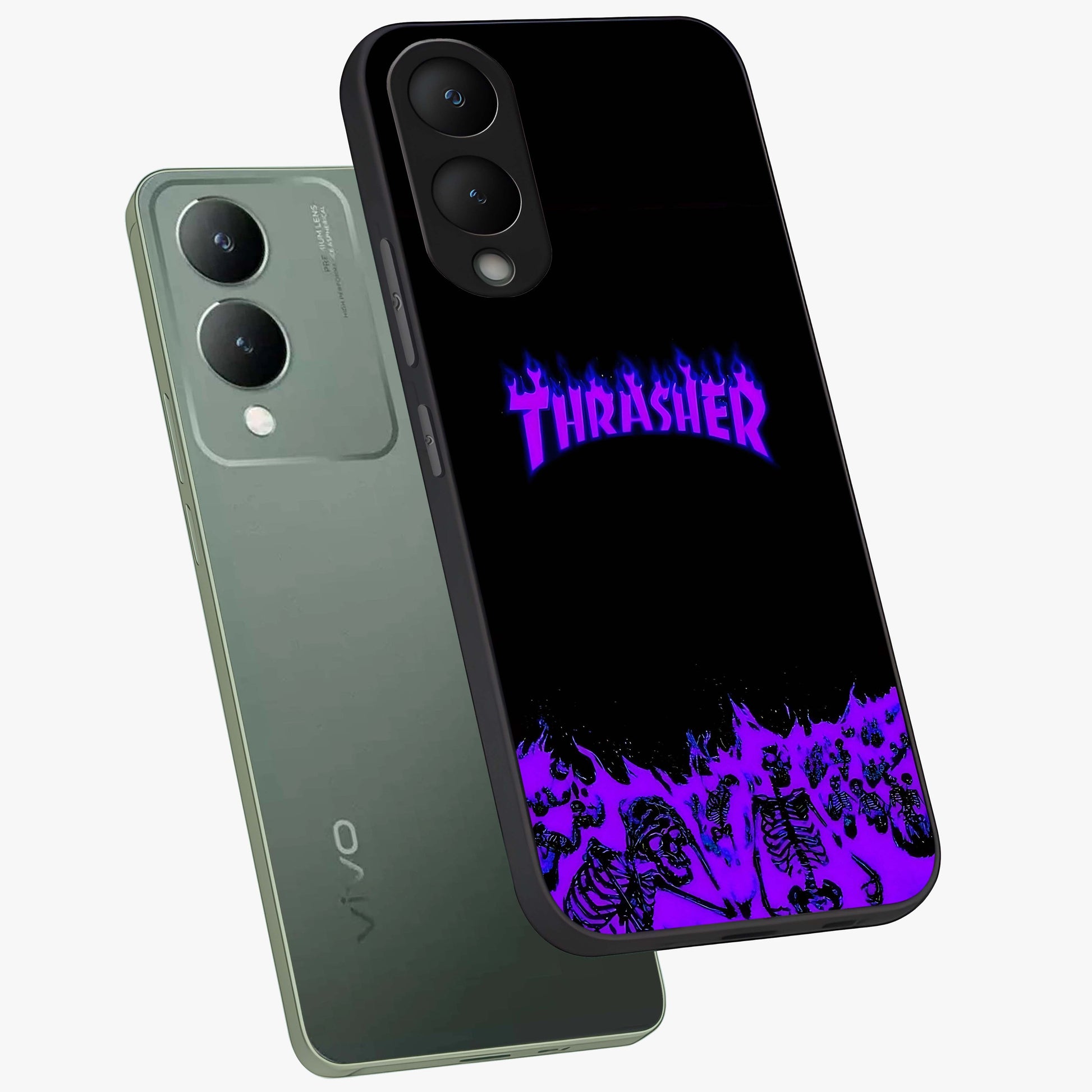 Neon Flame Riot Glass Case displayed in angled mockup highlighting glowing flame design with vibrant neon aesthetic.