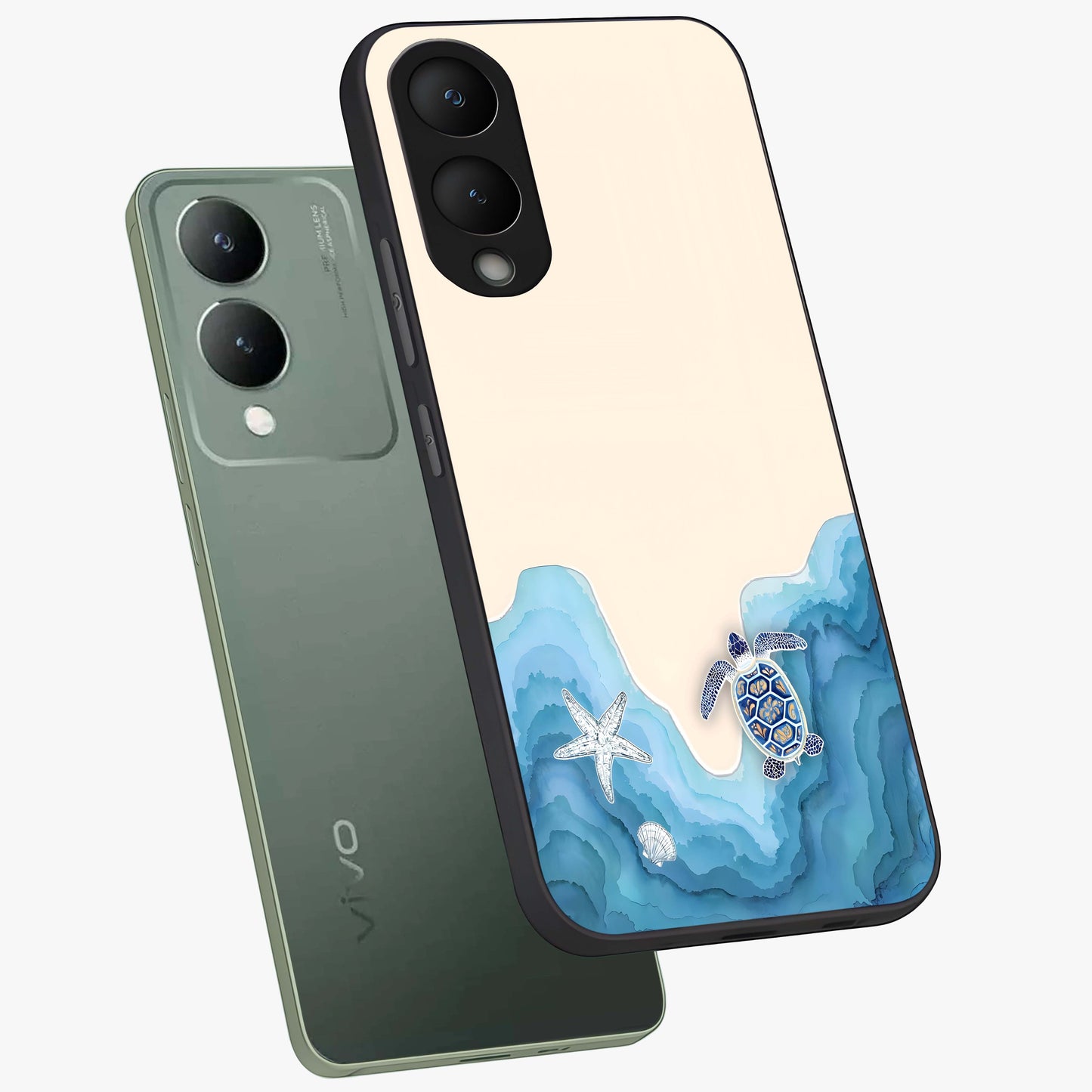Ocean Drift Turtle Glass Case displayed in angled mockup highlighting peaceful ocean turtle illustration with marine aesthetic.