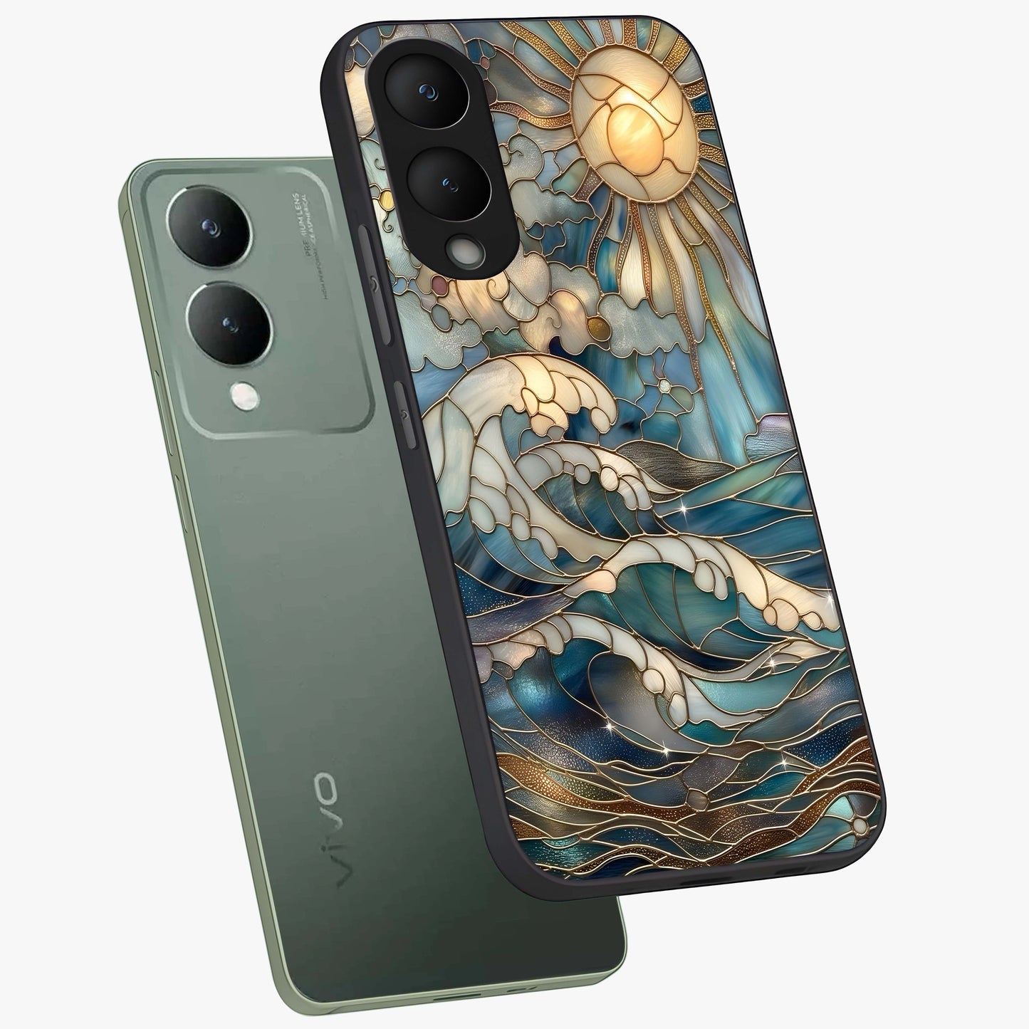 Oceanic Stained Printed Glass Case displayed in angled mockup highlighting colorful aquatic design with artistic aesthetic style.