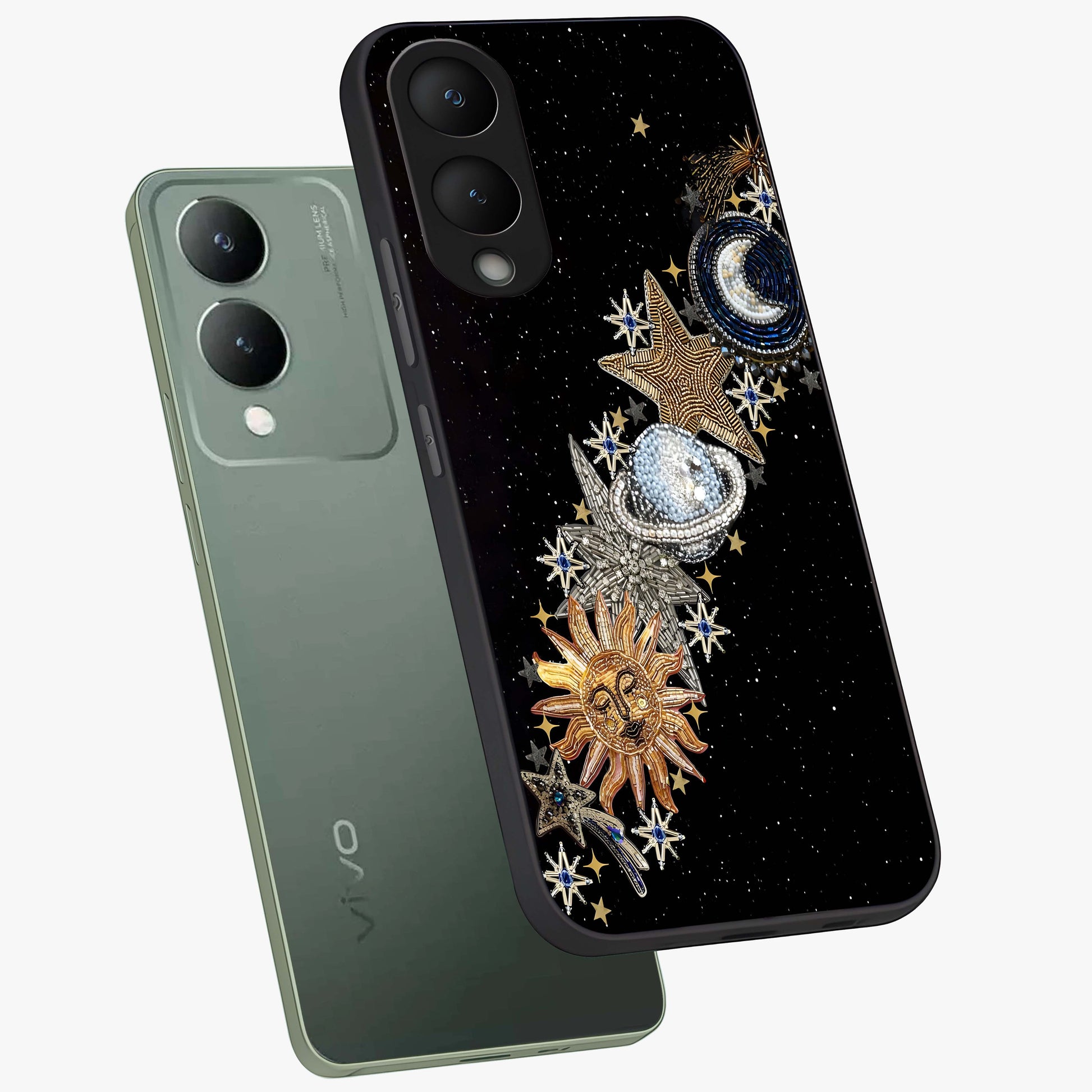 Pearls Universe Object Glass Case displayed in angled mockup highlighting celestial pearl design with dreamy aesthetic.