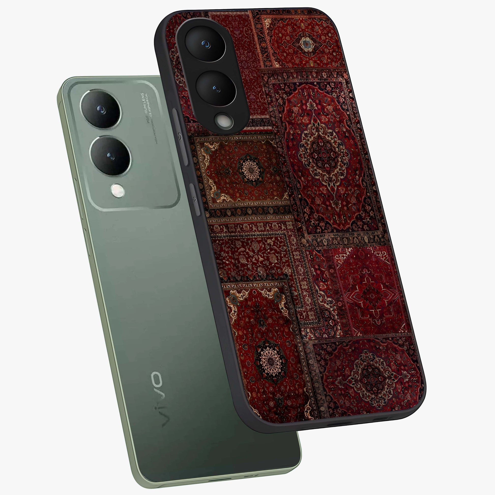 Persian Velvet Tale Glass Case displayed in angled mockup highlighting ornate textile inspired design with royal aesthetic.