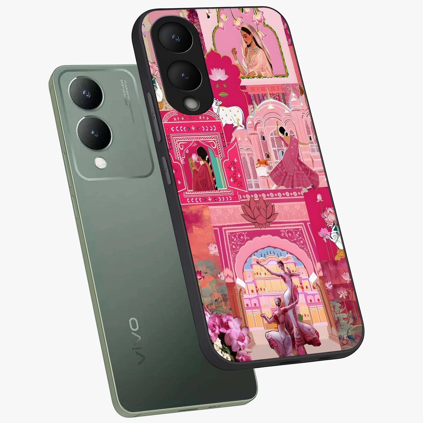 Pink Palace Muse Glass Case displayed in angled mockup highlighting dreamy palace illustration with soft pink aesthetic.