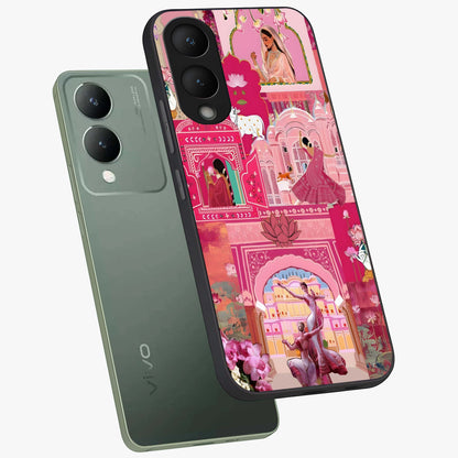 Pink Palace Muse Glass Case displayed in angled mockup highlighting dreamy palace illustration with soft pink aesthetic.