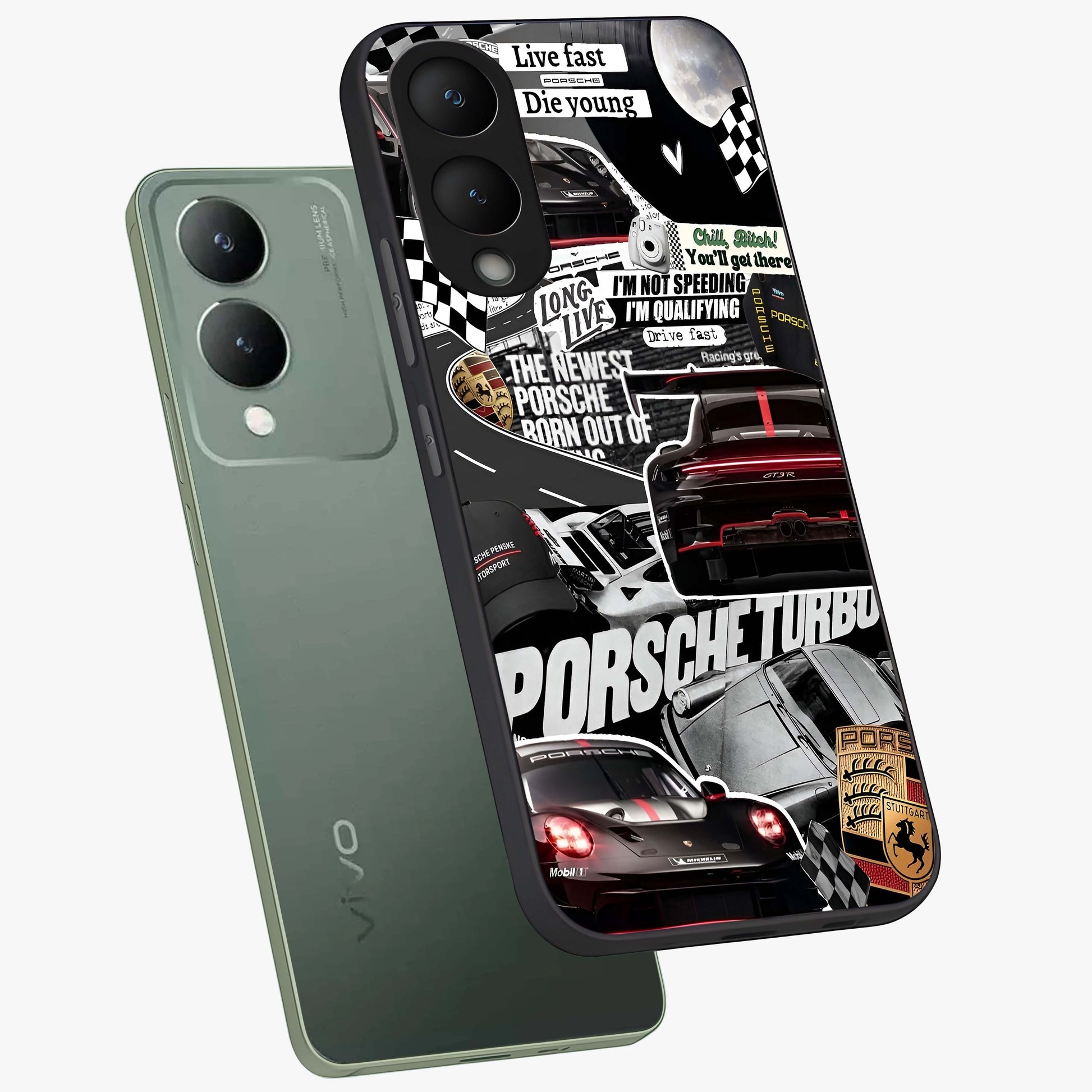 Porsche Racing Collage Glass Case displayed in angled mockup highlighting dynamic automotive design with bold racing aesthetic.
