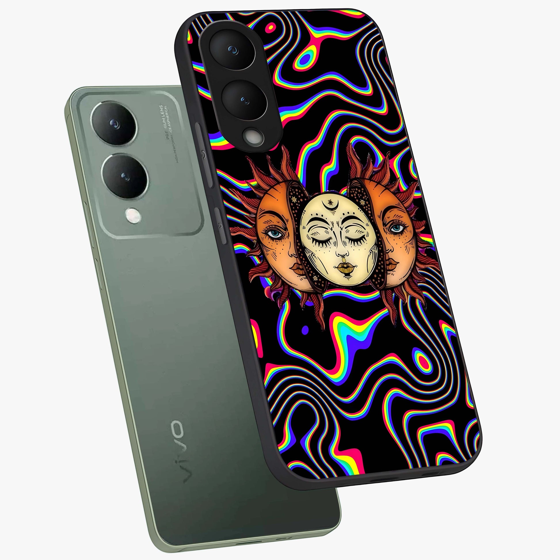 Psychedelic Sun Glass Case displayed in angled mockup highlighting vibrant abstract sun design with artistic aesthetic style.
