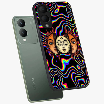 Psychedelic Sun Glass Case displayed in angled mockup highlighting vibrant abstract sun design with artistic aesthetic style.