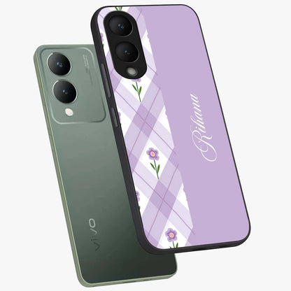 Purple Diamond Floral Glass Case displayed in angled mockup highlighting elegant purple flower design with decorative pattern.
