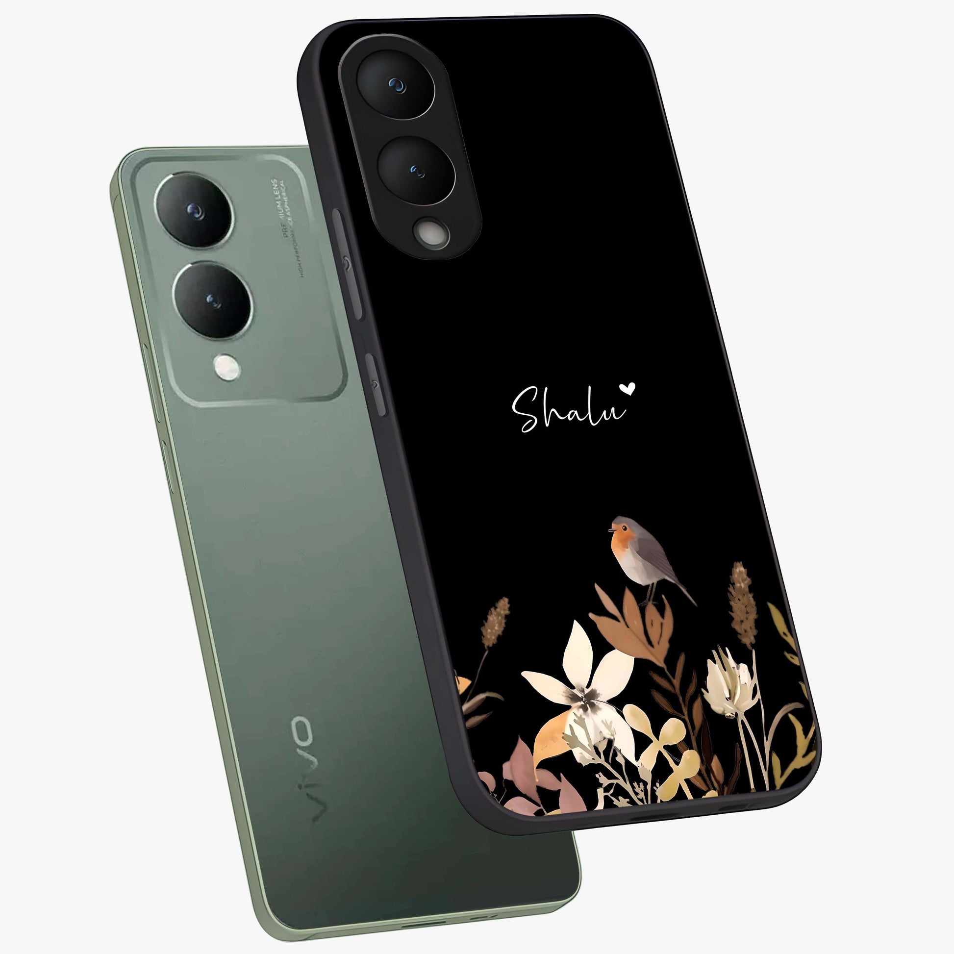 Quiet Garden Tune Custom Name Glass Case displayed in angled mockup highlighting delicate floral garden design with custom name feature.