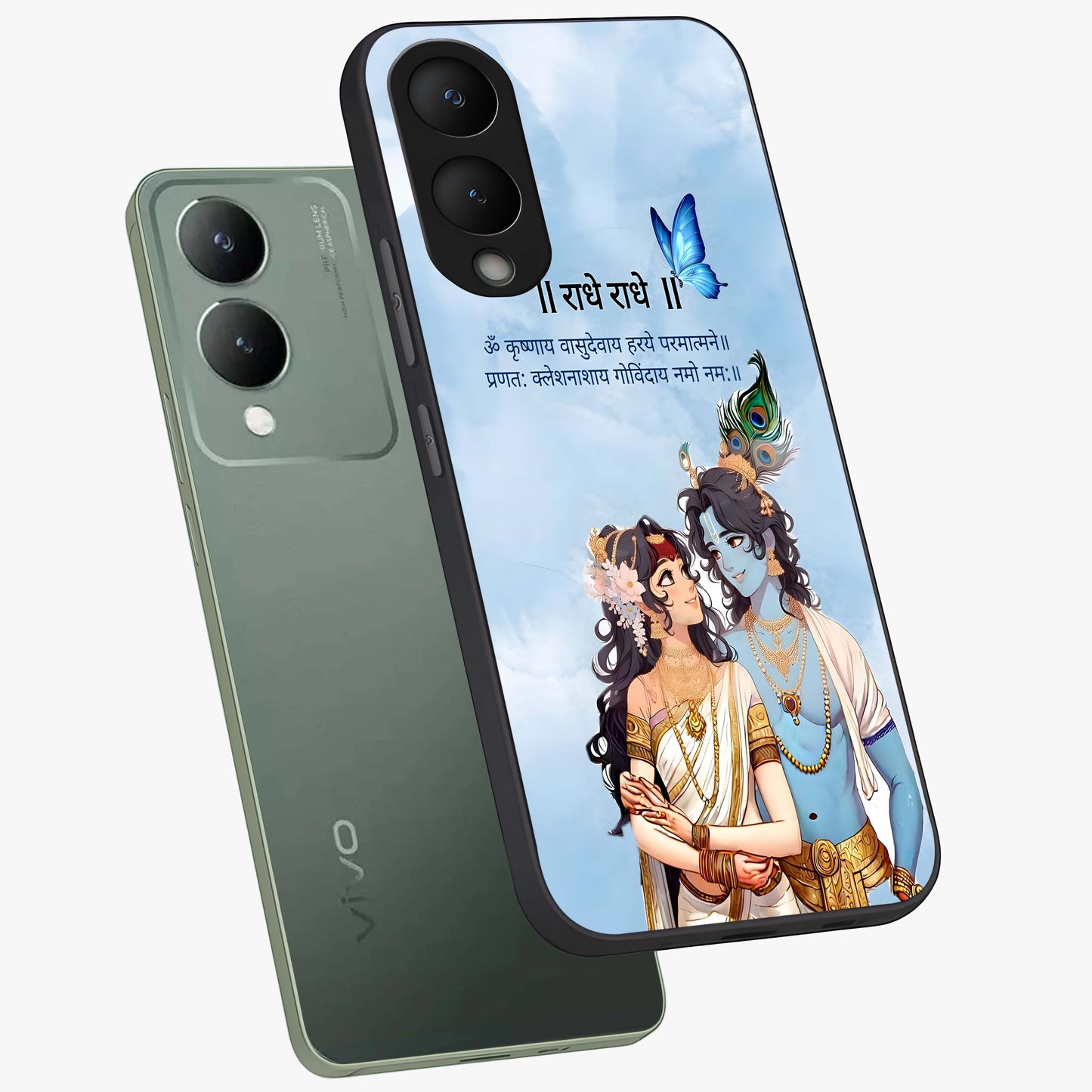Radha Krishna Eternal Glass Case displayed in angled mockup highlighting divine Radha Krishna illustration with spiritual aesthetic.
