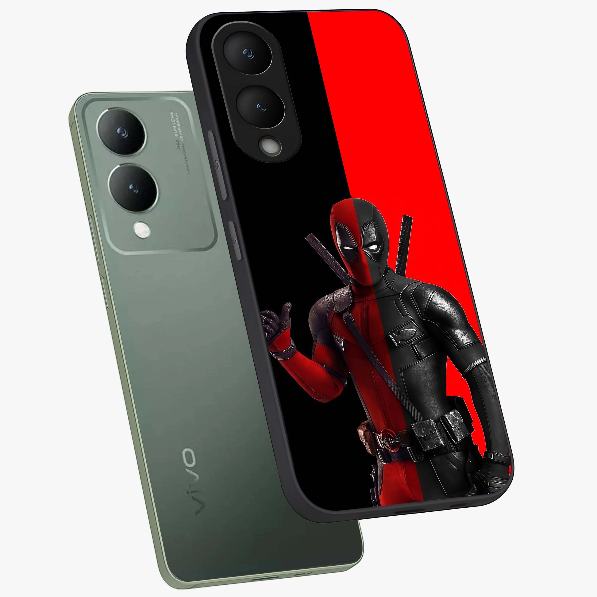 Red & Black Deadpool Theme Glass Case displayed in angled mockup highlighting vibrant superhero style illustration with action aesthetic.