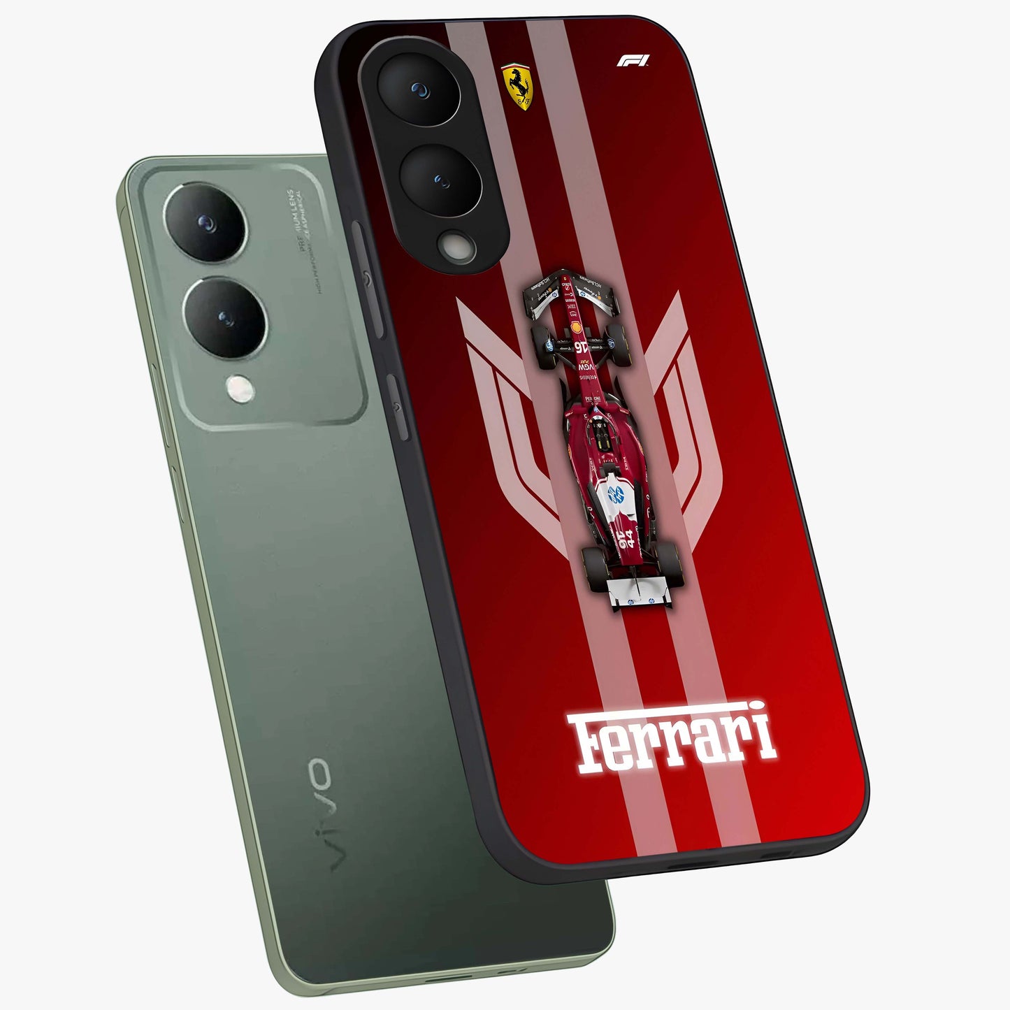 Red Ferrari F1 Vertical Glass Case displayed in angled mockup highlighting high speed racing design with bold automotive aesthetic.