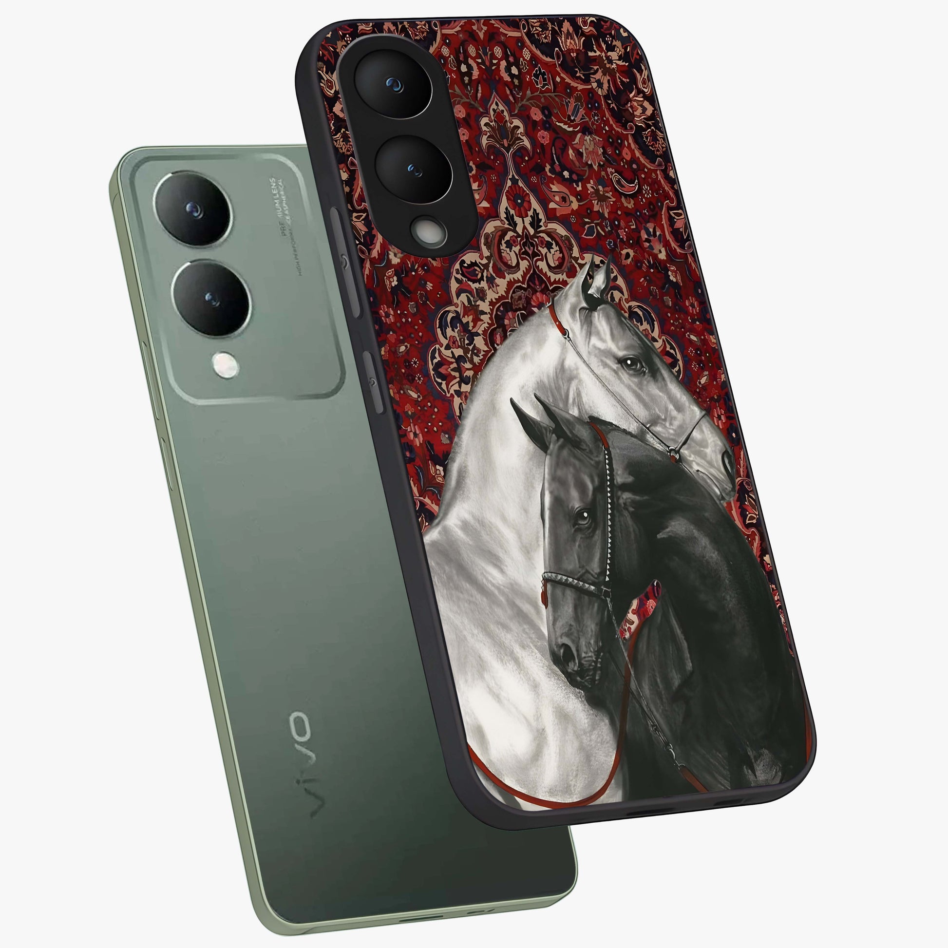 Regal Stallion Tapestry Glass Case displayed in angled mockup highlighting royal stallion design with decorative heritage aesthetic.