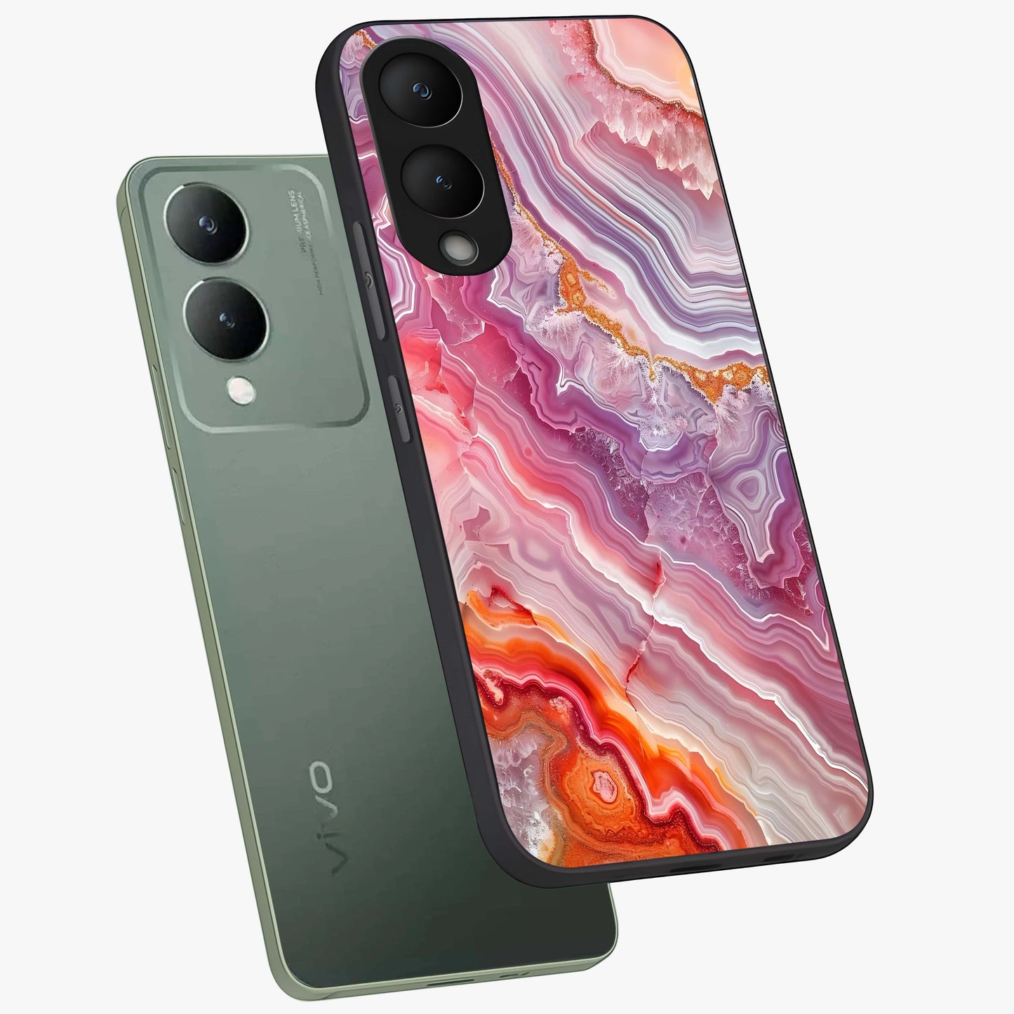 Rose Quartz Marble Glass Case displayed in angled mockup highlighting elegant marble pattern with soft aesthetic style.