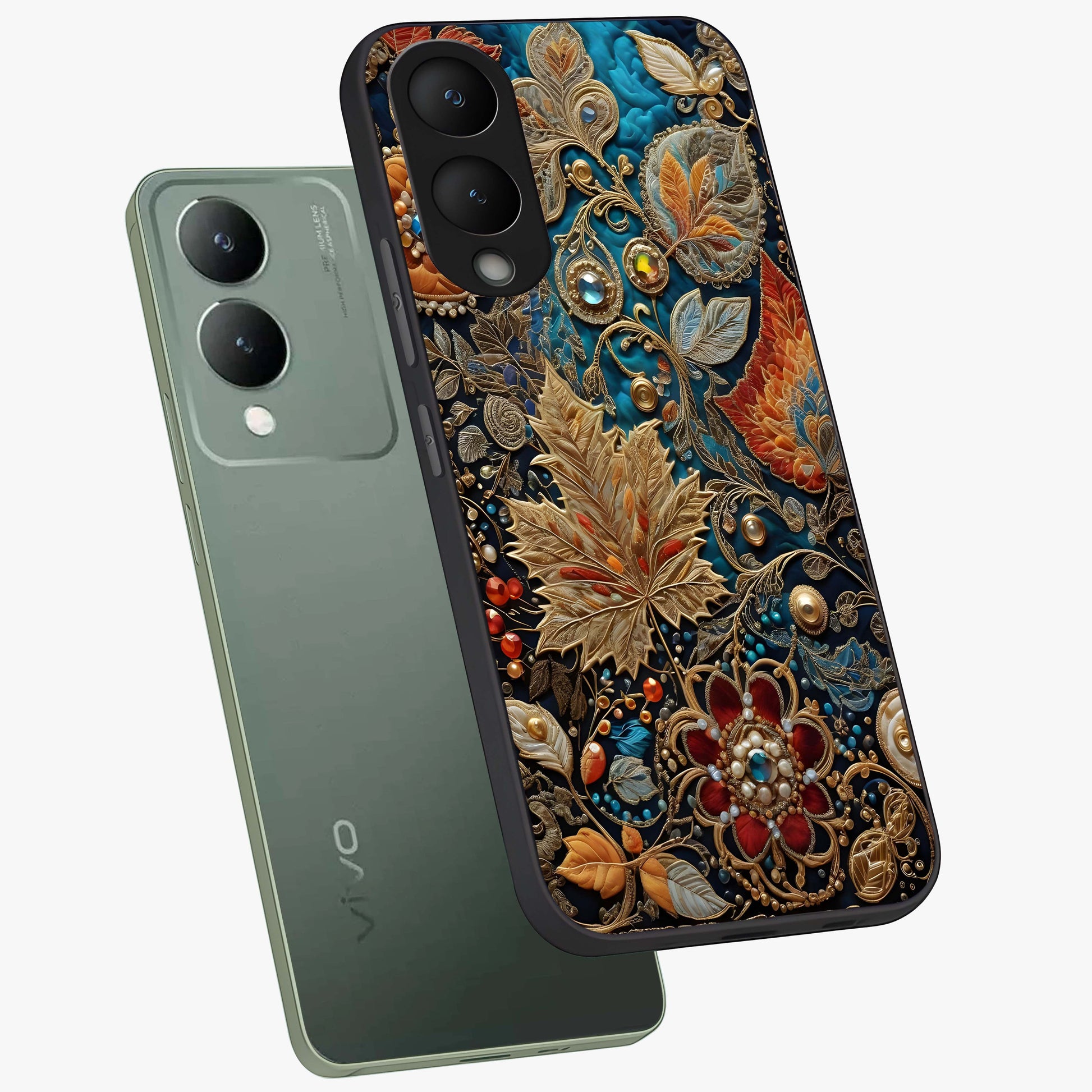 Royal Jewel Garden Glass Case displayed in angled mockup highlighting vibrant jewel inspired floral design with elegant aesthetic.