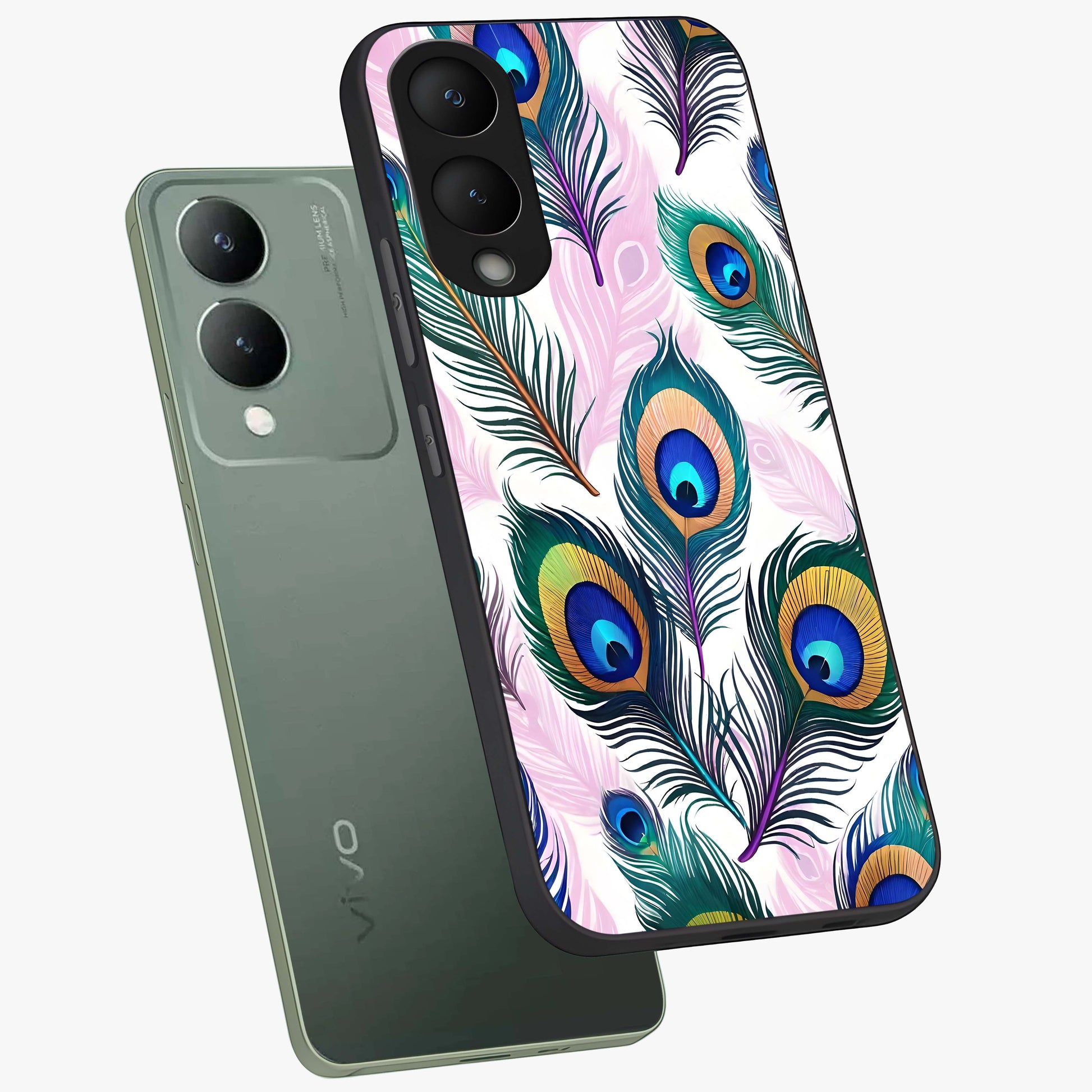Royal Peacock Feathers Glass Case displayed in angled mockup highlighting vibrant feather pattern with regal aesthetic style.