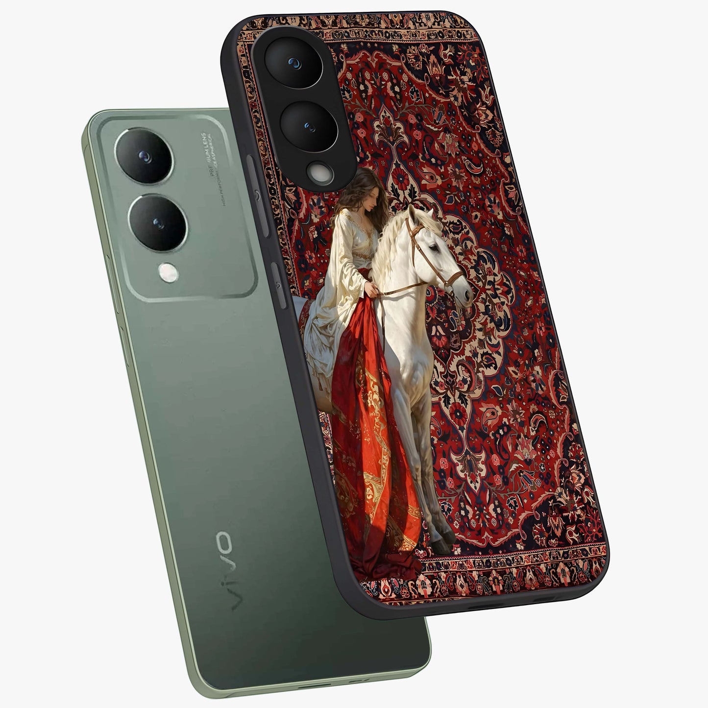 Royal Rider Tapestry Glass Case displayed in angled mockup highlighting traditional tapestry design with royal heritage aesthetic.