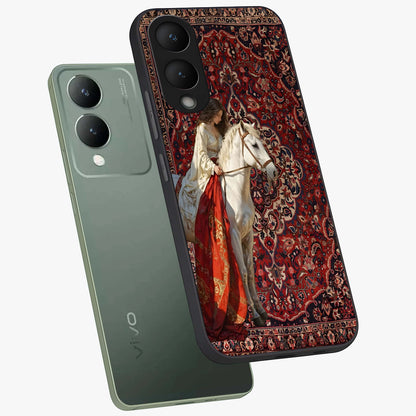 Royal Rider Tapestry Glass Case displayed in angled mockup highlighting traditional tapestry design with royal heritage aesthetic.
