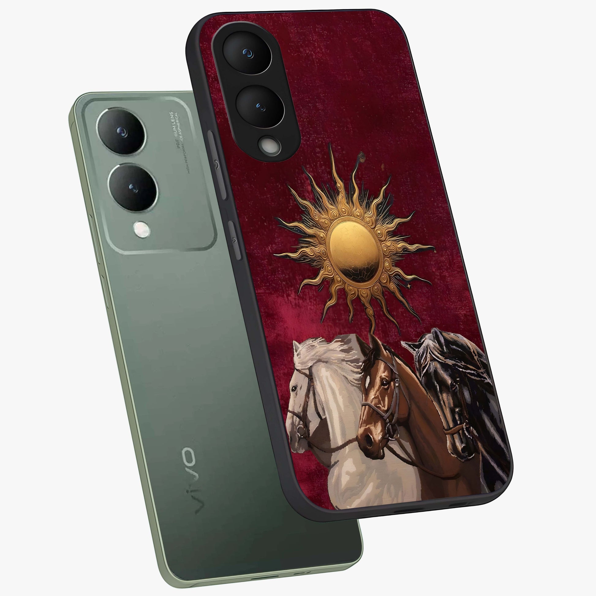 Solar Riders Glass Case displayed in angled mockup highlighting powerful rider illustration with radiant solar aesthetic.