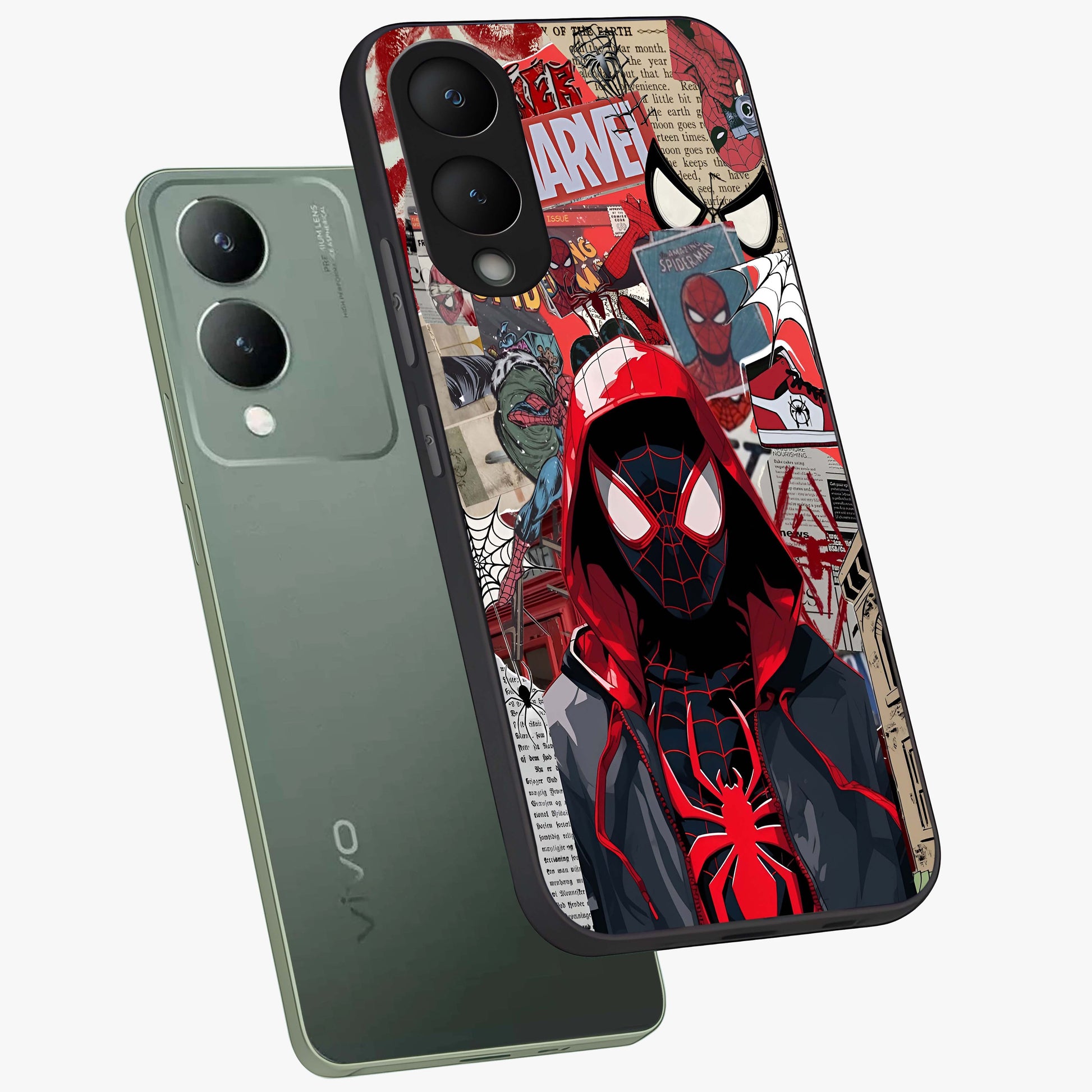 Spider Collage Street Glass Case displayed in angled mockup highlighting dynamic street style collage design with comic aesthetic.