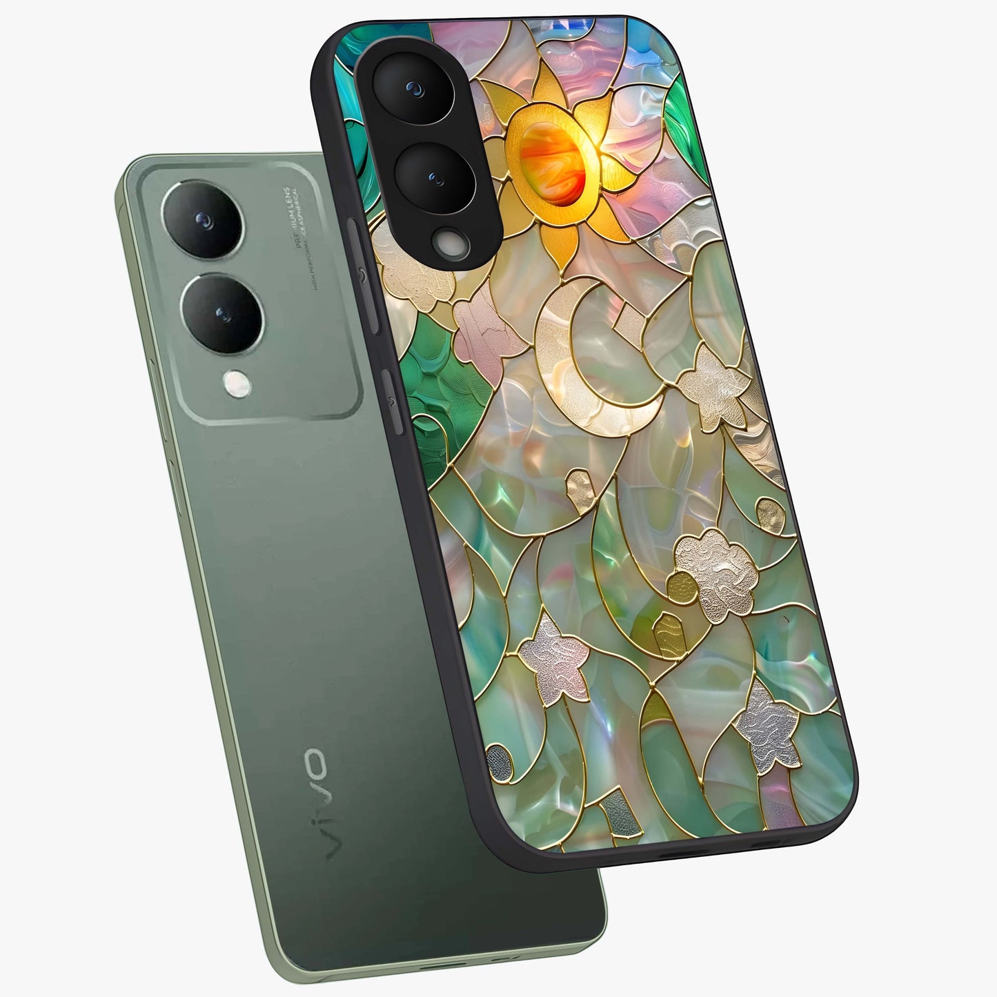 Stained Sunrise Glow Glass Case displayed in angled mockup highlighting radiant sunrise design with artistic aesthetic style.