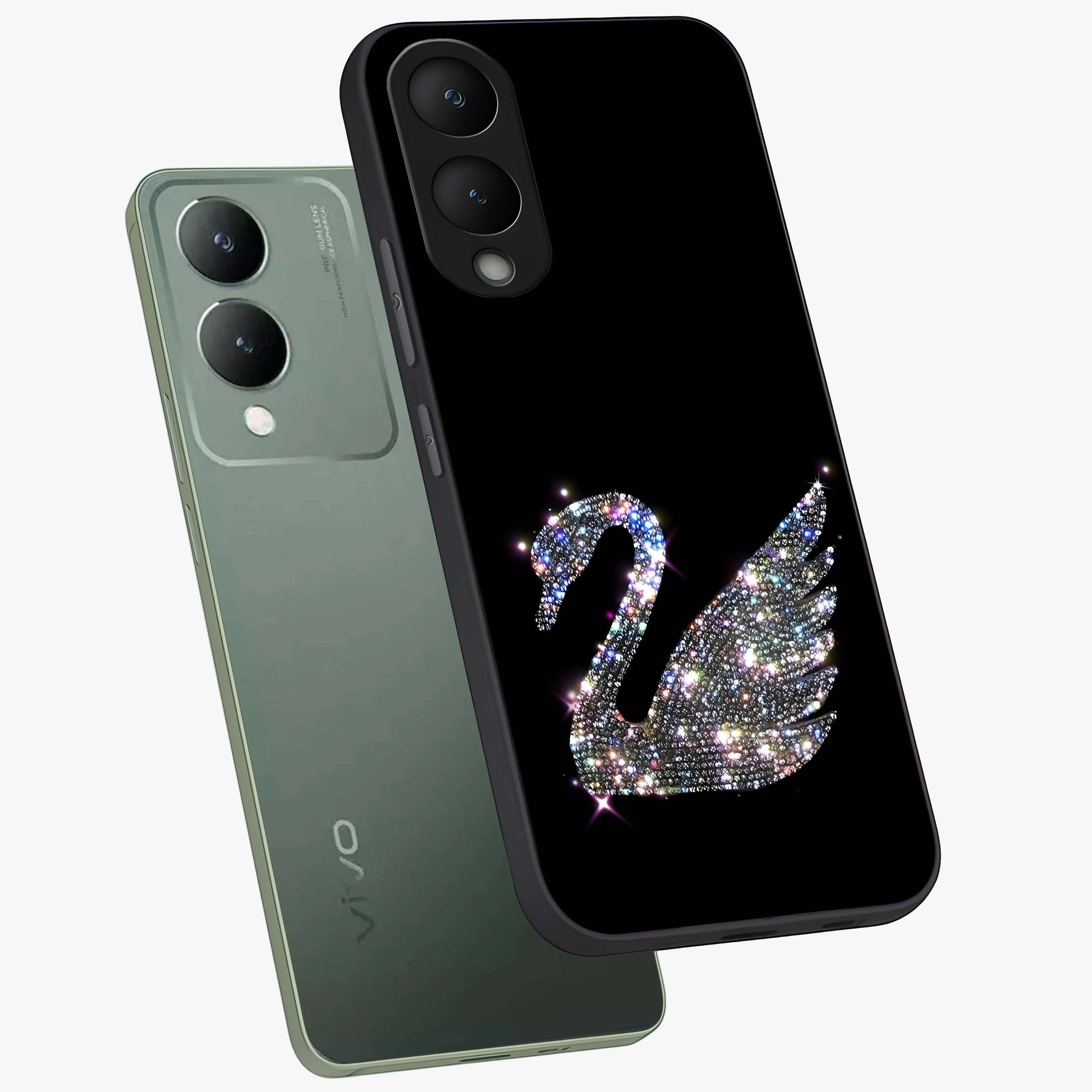 Starlit Swan Grace Glass Case displayed in angled mockup highlighting elegant swan illustration with dreamy celestial aesthetic.