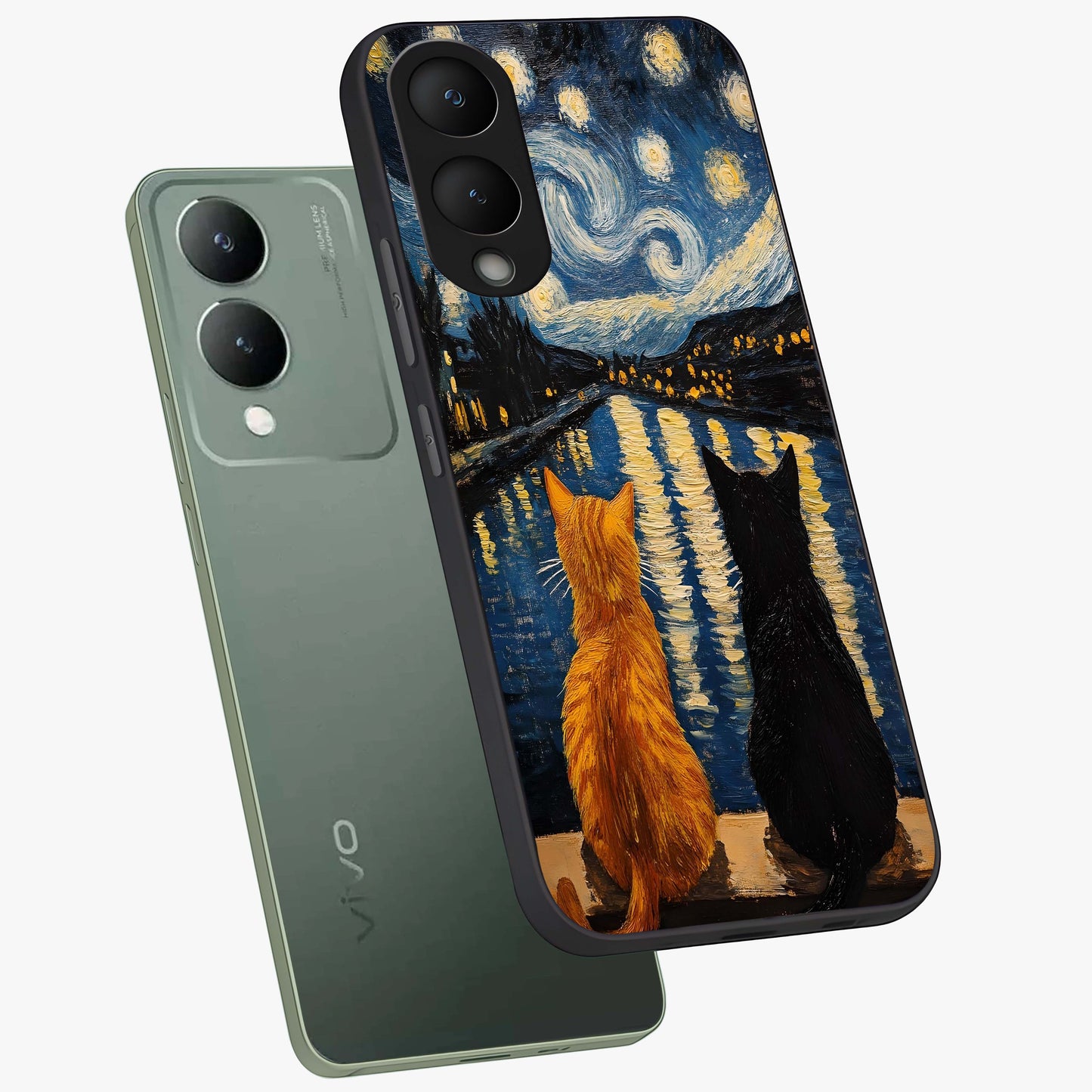 Starry River Cats Glass Case displayed in angled mockup highlighting charming feline illustration with dreamy night aesthetic.