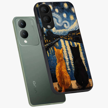 Starry River Cats Glass Case displayed in angled mockup highlighting charming feline illustration with dreamy night aesthetic.