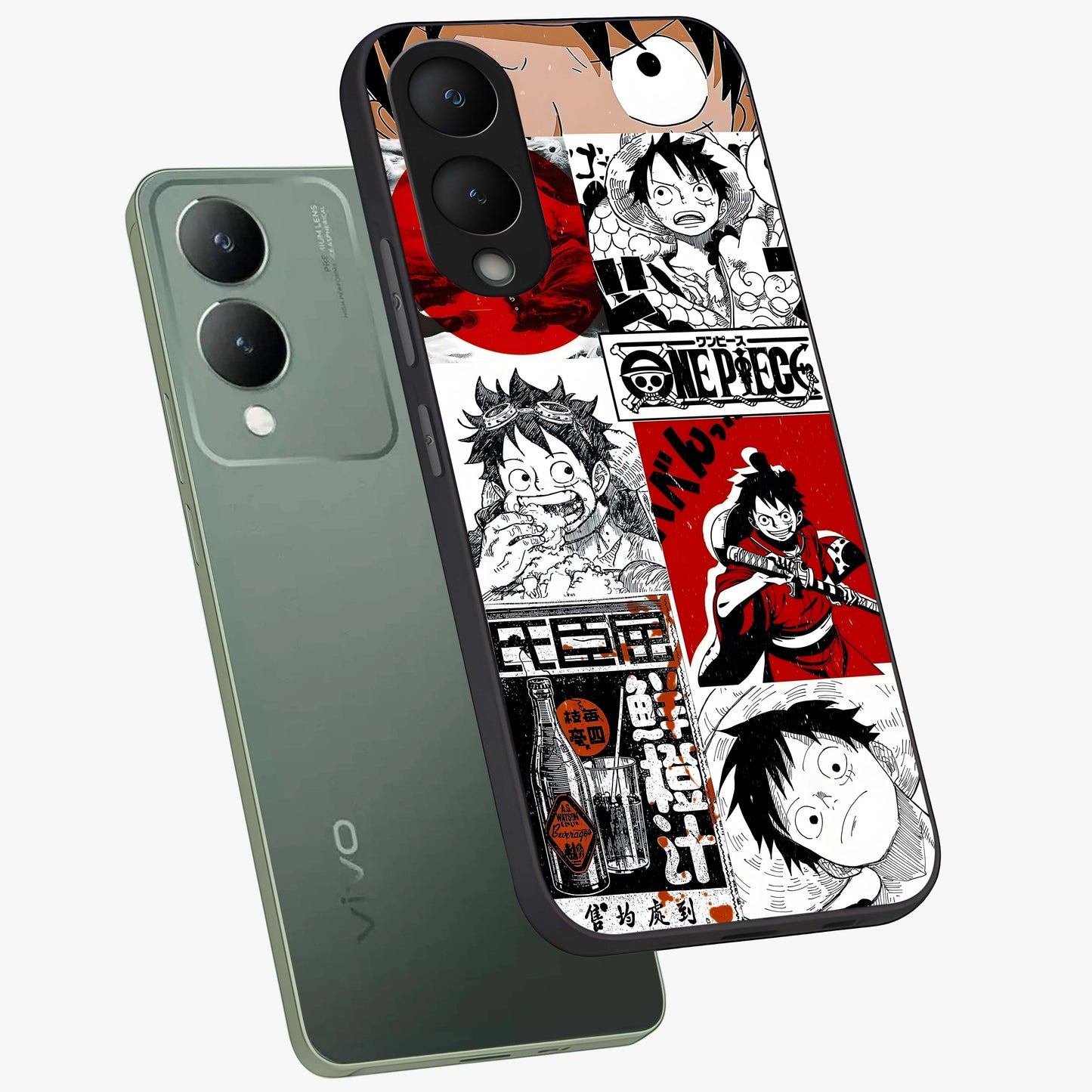 Strawhat Chaos Panels Glass Case displayed in angled mockup highlighting vibrant anime collage design with action aesthetic.