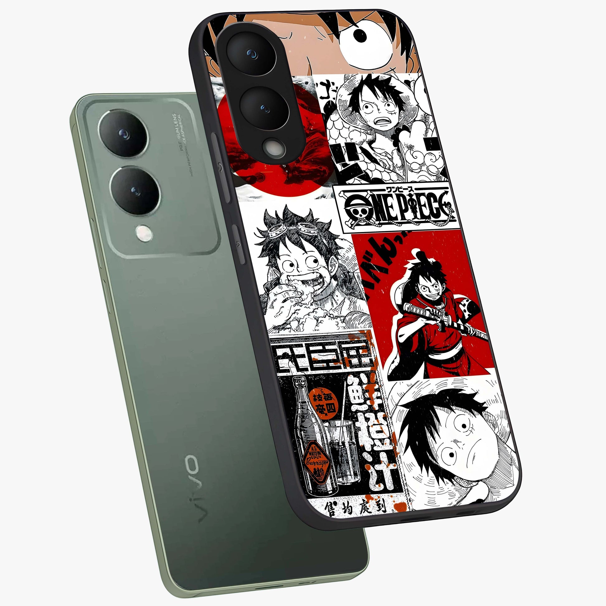 Strawhat Chaos Panels Glass Case displayed in angled mockup highlighting vibrant anime collage design with action aesthetic.
