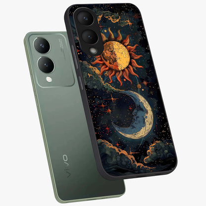 Sun And Moon Magic Design Glass Case displayed in angled mockup highlighting celestial design with magical cosmic aesthetic.