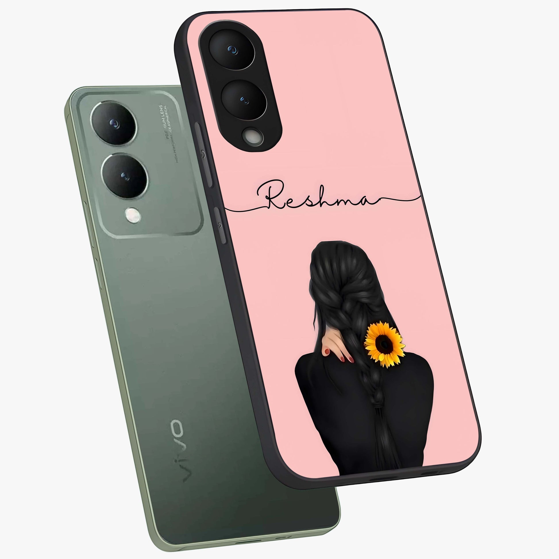 Sunflower Braid Beauty With Custom Name Glass Case displayed in angled mockup highlighting elegant sunflower design with custom name feature.