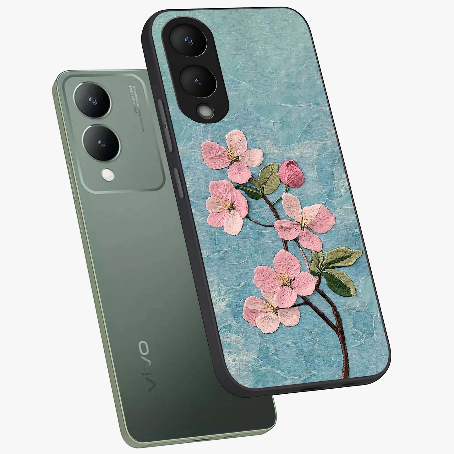 Threaded Blossom Breeze Glass Case displayed in angled mockup highlighting elegant floral design with soft aesthetic style.