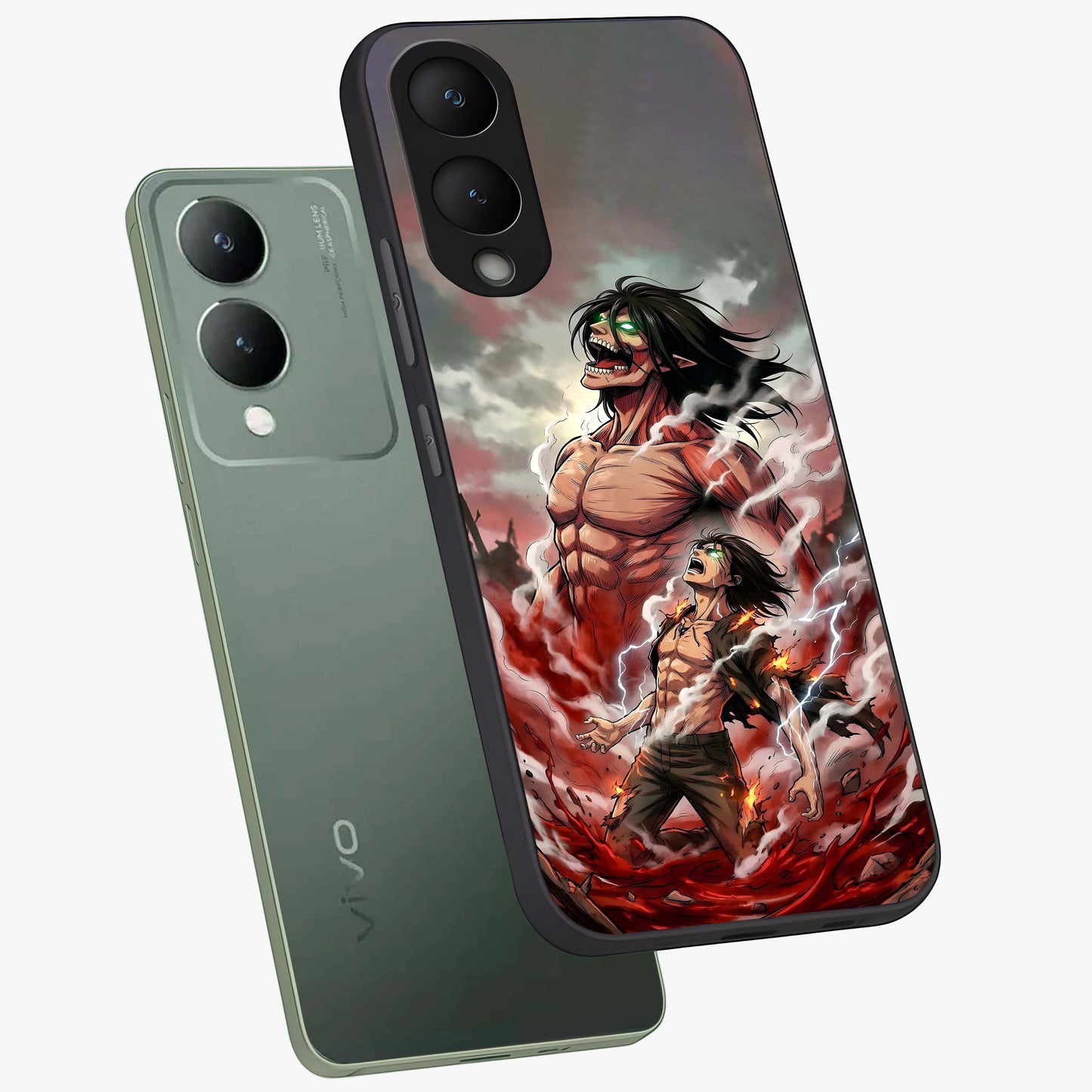 Titan Awakening Fury Glass Case displayed in angled mockup highlighting dramatic giant warrior design with bold anime aesthetic.