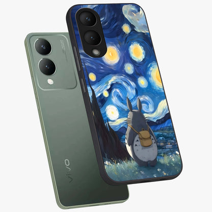 Totoro In Van Gogh Art Glass Case displayed in angled mockup highlighting artistic swirling sky design with playful animation aesthetic.