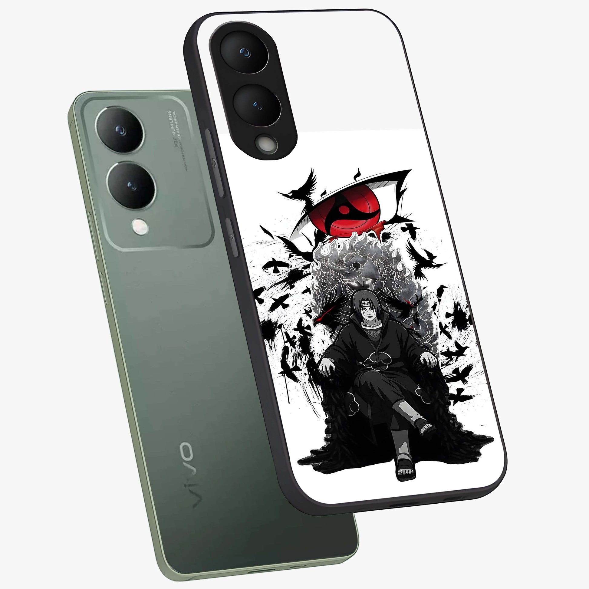 Uchiha Shadow Throne Glass Case displayed in angled mockup highlighting glowing aquatic design with celestial aesthetic.