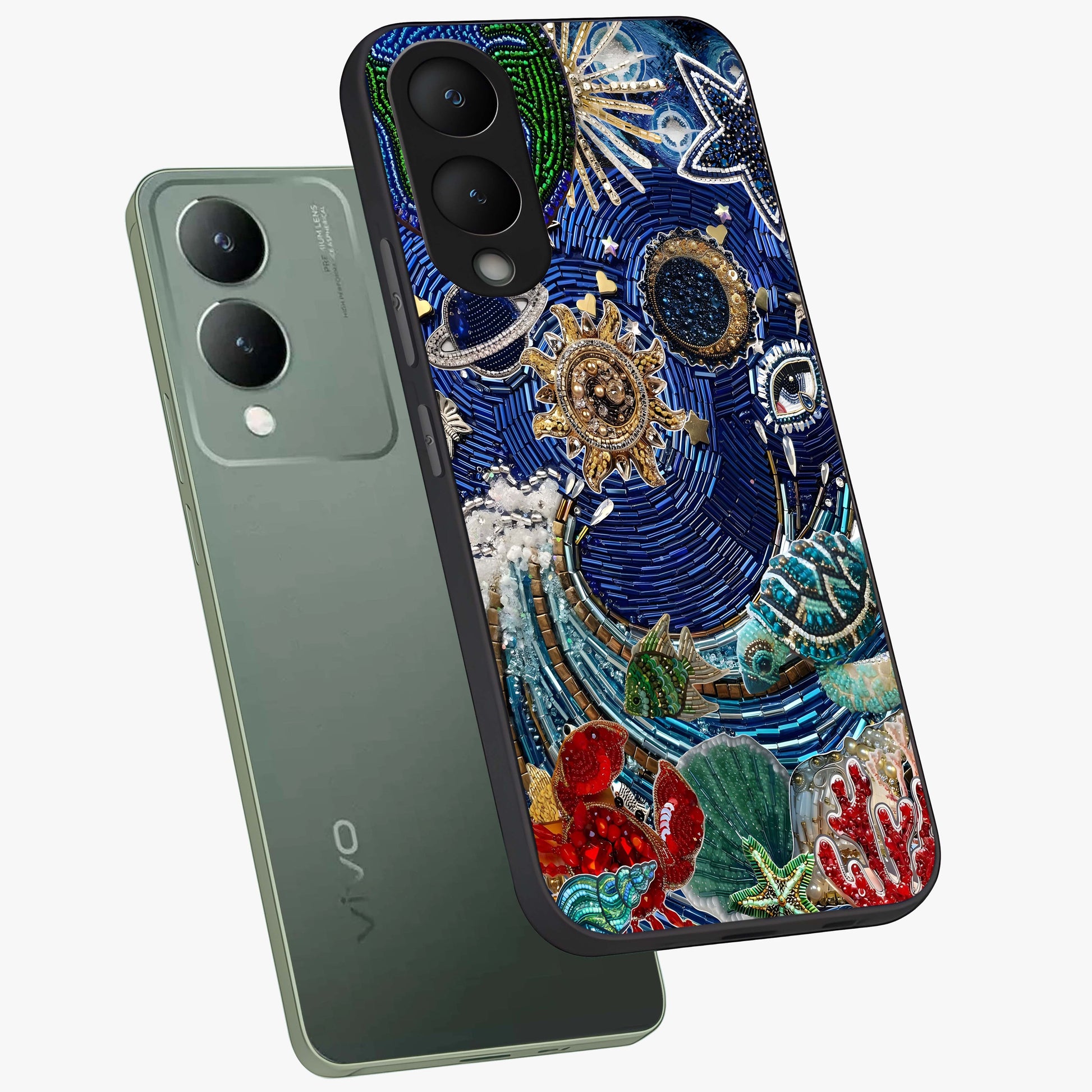Universe Underwater Spark Glass Case displayed in angled mockup highlighting glowing aquatic design with celestial aesthetic.