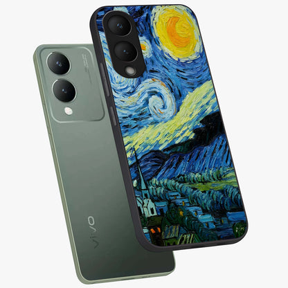 Van Gogh Art Glass Case displayed in angled mockup highlighting swirling brushstroke design with artistic aesthetic.