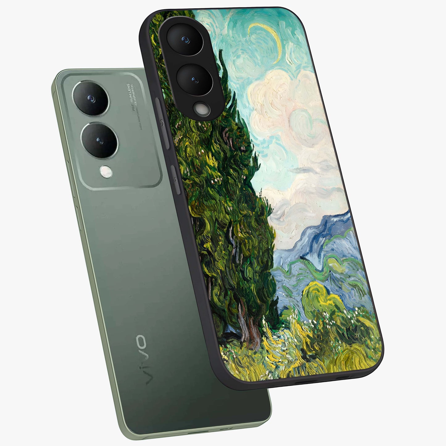 Van Gogh Vintage Art Glass Case displayed in angled mockup highlighting textured brushstroke design with classic aesthetic.