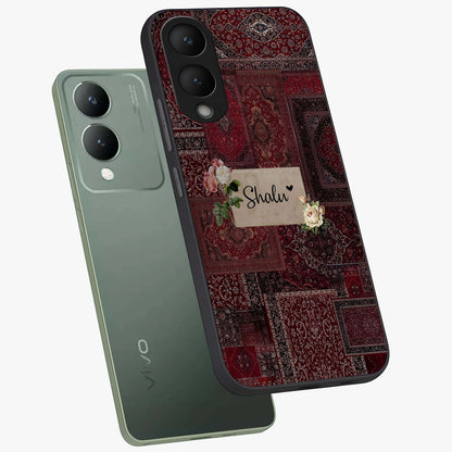 Velvet Wine Pattern Custom Name Glass Case displayed in angled mockup highlighting decorative velvet inspired design with custom name feature.