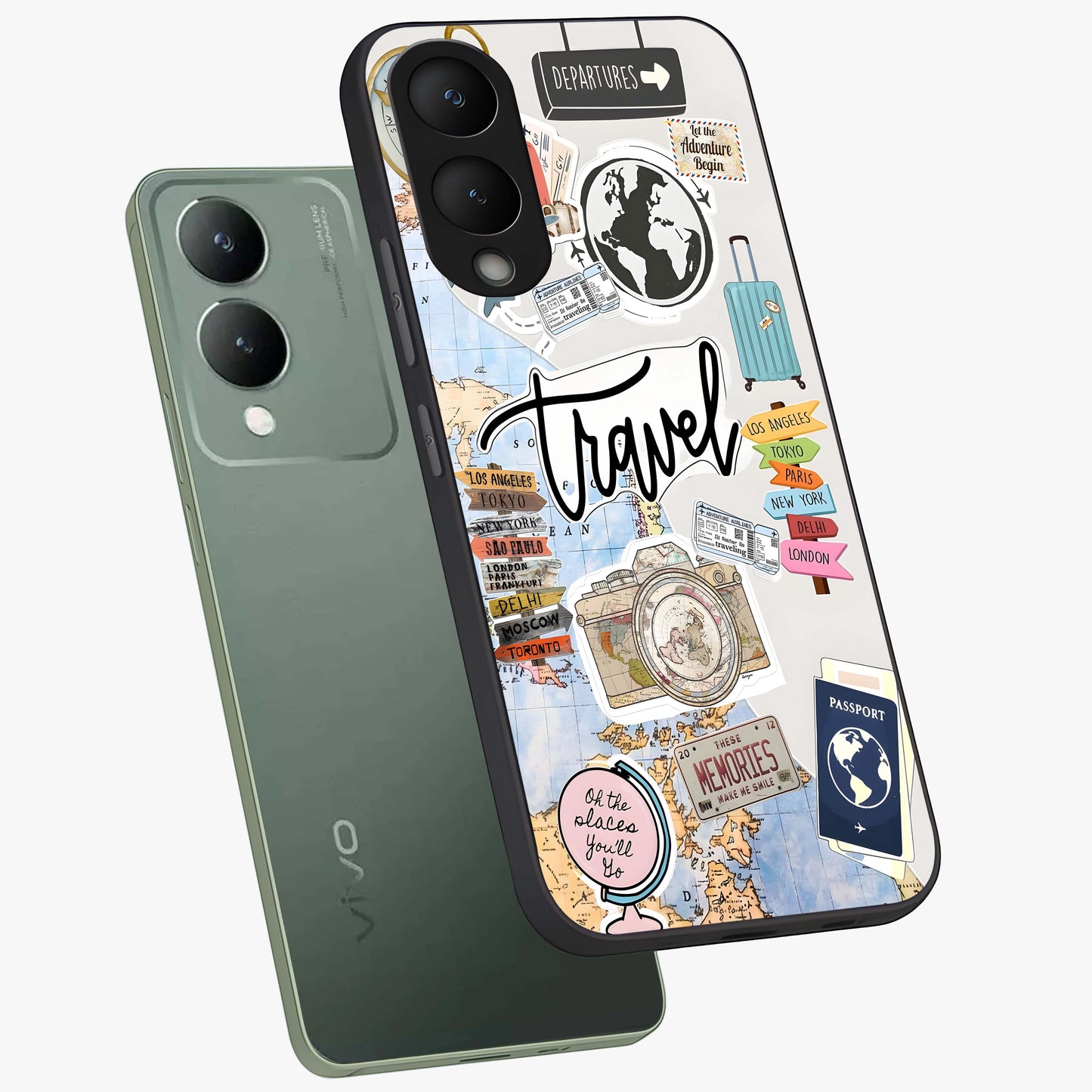 Wanderlust Journal Glass Case displayed in angled mockup highlighting adventure themed design with aesthetic travel vibe.