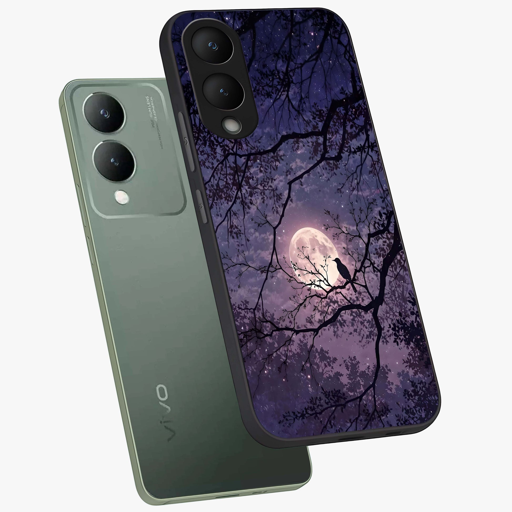 Whispering Moon Silence Glass Case displayed in angled mockup highlighting calm lunar design with dreamy night aesthetic.