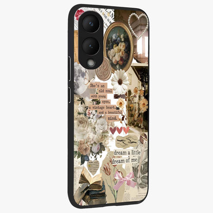 Aesthetic Brown Vintage Collage Glass Case upright view showcasing nostalgic retro artwork with stylish vintage theme.