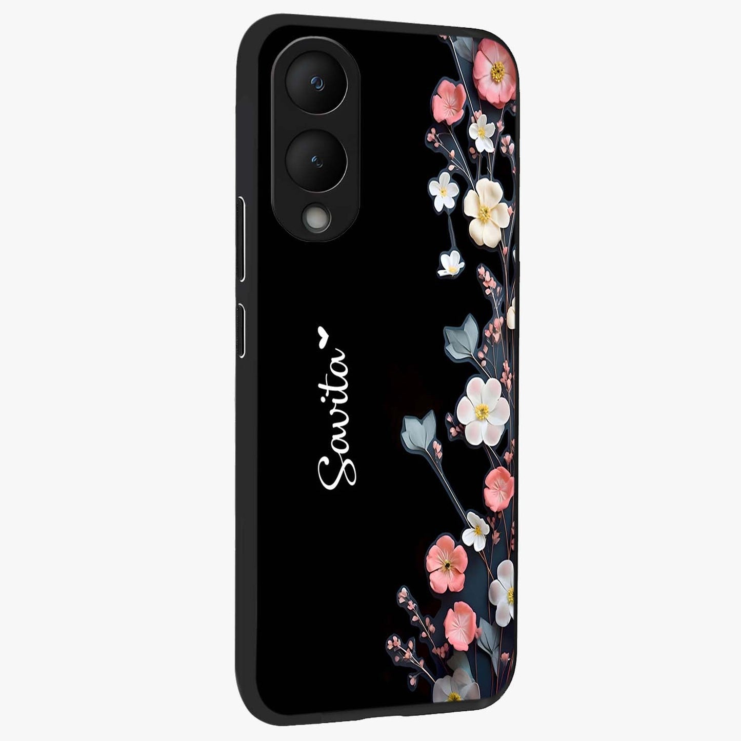Black Elegance Floral Custom Name Glass Case upright view showcasing luxurious black floral design with personalized name detail.