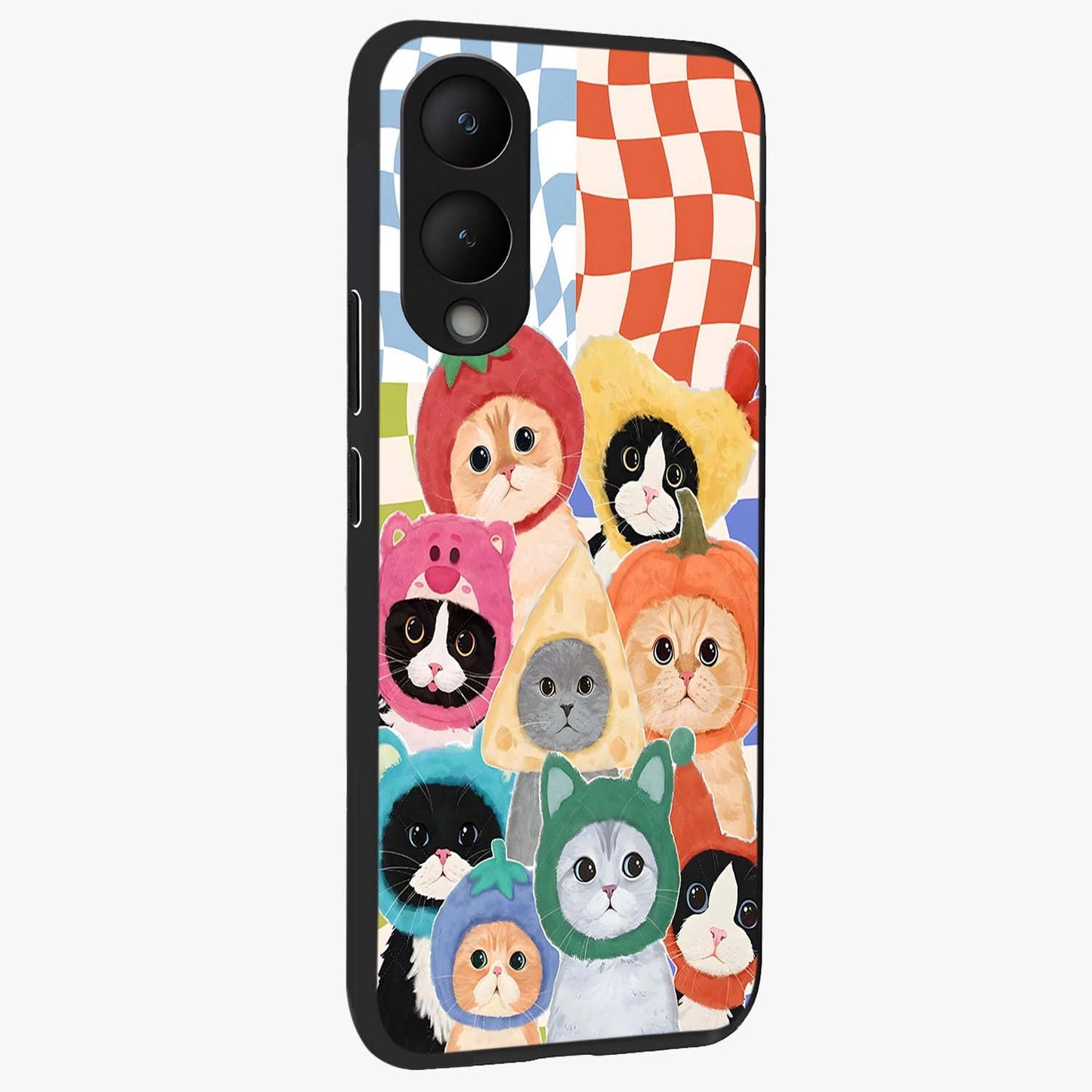 Cats in Fruits Glass Case upright view showcasing charming cat artwork with fun fruity theme.
